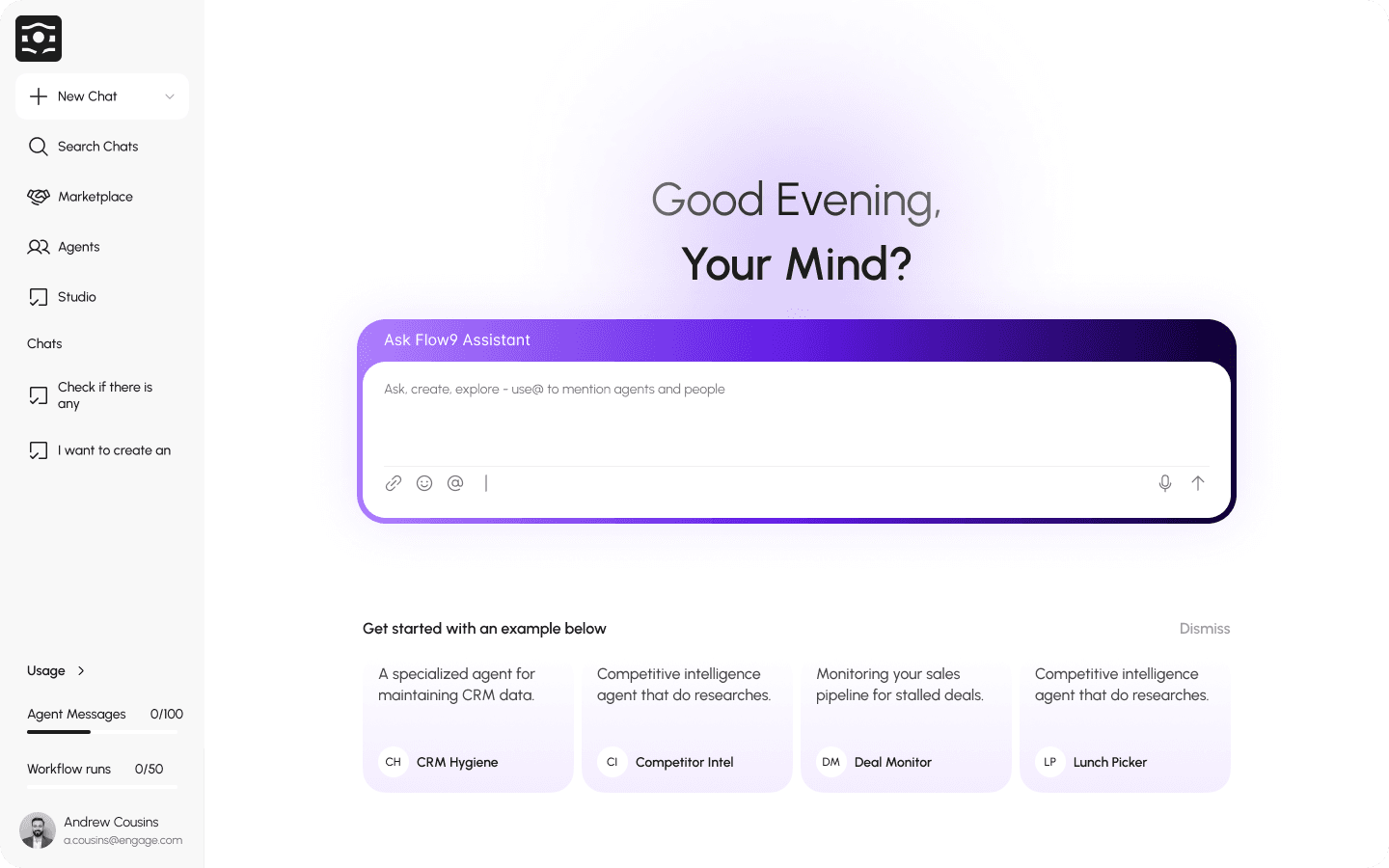 Flow9 AI Assistant interface with 'Good Evening, Your Mind?' prompt and suggested agent examples